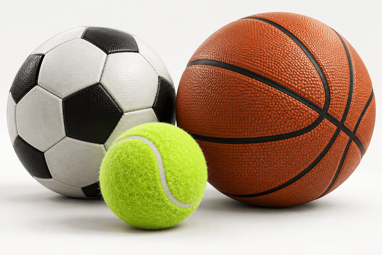 Studio sample of a soccer ball, basketball and tennis ball